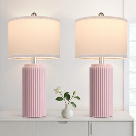 23.5’’ Modern Pink Table Lamps Set of 2 for Living Room, Ceramic Bedside Lamps with White Linen Shade for Girls Room, Rustic Nightstand Lamps for Bedroom Home Office, Cute Lamps for End Table Dorm