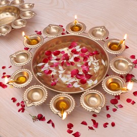 Two Moustaches Flower Design Decor Bowl with 12 Diyas, Urli for Home & Flower Decor, Housewarming & Diwali Gift, Golden, Pack of 1