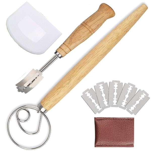 Bread Lame and Danish Whisk Set with 5 Replaceable Blades and 1 Dough Cutter, Stainless Steel Dough Scoring Tool and Dough Whisk, Bread Making Supplies for Homemade Bread Pancakes Biscuits Great Gift