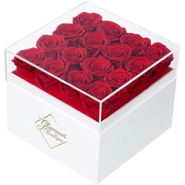 GLAMOUR BOUTIQUE Preserved Roses in a Box - Gifts for Her, Wife & Mom, Rose Flowers Forever Decor for Birthday Gift, Get Well Flower Bouquet Cased in White Box with Cover - Red - 16-Piece