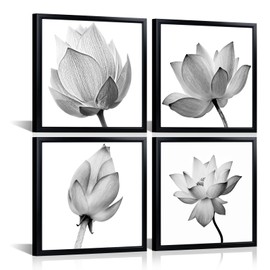HOMEOART Black White Grey Lotus Wall Art Flower Painting Bathroom Wall Art Bedroom Wall Decor, Set of 4, Black Frame 12x12inchx4Pieces
