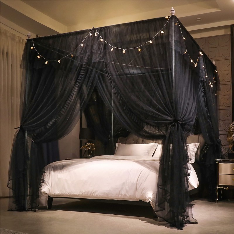 VETHIN 4 Corners Post Ruffle Princess Bed Canopy Curtain-Double Layer
