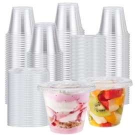 Clawsoff 200 Pack 9 oz Clear Plastic Cups with Lids, Parfait Cups with Flat Lids, Disposable Dessert Cup, Putting Cup for Cold Drink, Ice Cream, Fruit, Salad