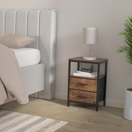 Huuger Nightstand with Charging Station, Side Table with Fabric Drawers, End Table with Open Shelf, Bedside Table with USB Ports and Outlets, Night Stand for Bedroom, Charcoal Black Wood Grain Print