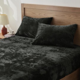 BEDELITE Velvet Fitted Sheet and Pillowcases Set, Luxury Soft Fuzzy Bottom Sheet with Reinforced Elastic Corner Straps, Deep Pocket up to 15 Inch, 1 Fitted Sheet and 2 Pillowcases (Full, Black)