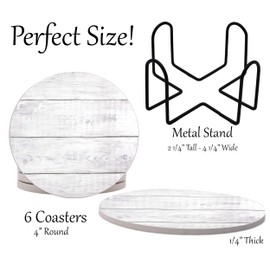 Light Gray White Wood Grain Round Coasters Set of 6 - Abosrbent Ceramic Coasters with Metal Stand for Drinks, Coffee, Non-Slip Cork Back for Tabletop Protection, 4 Inches Marbled Pattern (White Wood)