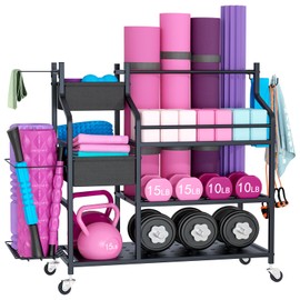 VILAWLENCE Home Gym Storage Rack Cart for Dumbbells for Large Rolling Yoga Mat Dumbbells Kettlebells and Strength Training Equipment, Dumbbell Weight Rack with Wheels and Hanging Hooks
