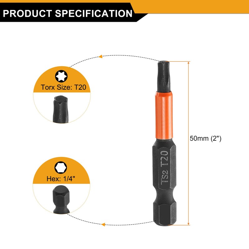 HARFINGTON T20 Torx Head Screwdriver Bit 2" (50mm) Long 1/4"