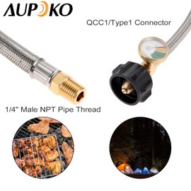 Aupoko NPT Male Braided Pigtail Propane with Gauge, 12’’ RV Propane Hose Connector with 1/4" Male NPT Inlet, for Standard Two-Stage Regulator, 2 Packs with Gas Line Pipe Thread Tape and Dust Cover