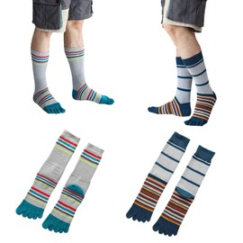 2 Pairs Cotton Toe Socks Five Finger Socks Winter Warm Long Calf High Athletic Casual Striped Seperated Socks for Men Boys