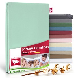 Greenline Premium Jersey Fitted Sheet Made of 100% Cotton Sage Green 140-160 x 200 cm up to 30 cm Also for Box Spring Beds, Fitted Sheet