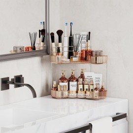 Asayuee 2-Tier Corner Bathroom Counter Organizer with Top Toothbrush Holders,Large Makeup Organizer Countertop with Brush Holder,Skincare Organizers Corner,Exquisite Vanity Organizer (Gold, 2 Tier)