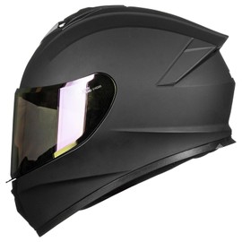 AUBOA Full Face Motorcycle Helmets for Adult Men Women, Lightweight Motorbike Street Bike Racing DOT Helmet Model AU-T801B Matte Black with Chrome Red Visor, L