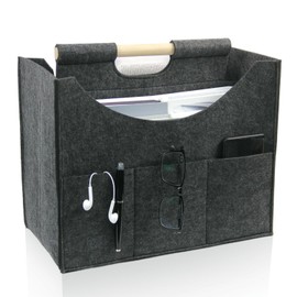 Foldable magazine storage basket, solid wood handle felt organizer, can store magazines, newspapers, laptops, glasses, phones and other items, suitable for home or office storage of (dark grey)