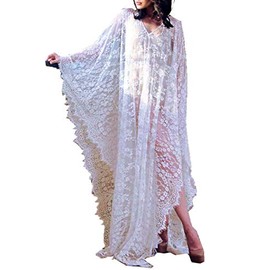 YouKD Women's Lace Floral Dress Loose Kaftan Boho Spacious Kimono Beach Bikini Cover Up Dresses, D White
