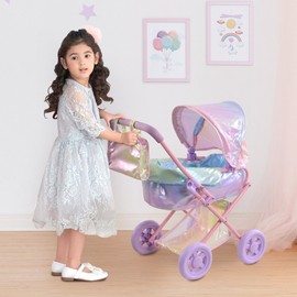 Olivia's Little World Baby Doll Stroller, 2-in-1 Doll Pram Buggy for Girls Age 3+, Fits up to 18” Dolls, Baby Stroller for Dolls, Stroller Toy for Kids, Iridescent