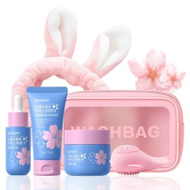QUIYUM Sakura Collagen Skin Care Set - Facial Cleanser Serum Cream Pink Brush Bunny Hair Band & Makeup Bag Deep Cleansing Hydrating Perm Even Tone Glow 5 Pieces 8PCS / 퀴윰 사쿠라 콜라겐 스킨케어 세트 - 페이셜 클렌저 세럼 크림 핑크 브러시 버니 헤어 밴드 & 메이크업 백 딥 클렌징 수분 공급 펌 고른 톤 광채가 포함된 5종 8PCS
