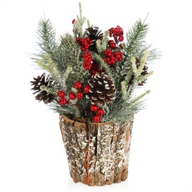 com-four® Decorative Christmas Arrangement - Great Table Decoration in Bark Pot for the Advent Season - Small Winter Table Decoration with Red Berries, Decorative Snow, Cones (36 cm Green and White