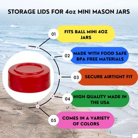 Mini Mason Jar Storage Lid Pack - Set of 12 Red Polypropylene Plastic Lids, 48mm BPA-Free for Jars, Made in USA (Not a Spice Lid), Non-Rusting