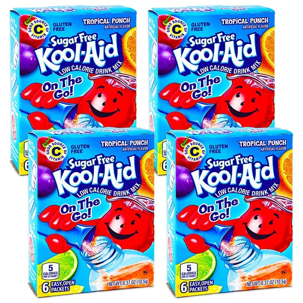 Kool-Aid Sugar Free Low Calorie Drink Mix 6 easy open packets (Pack of 4) Gluten Free (Tropical Punch)