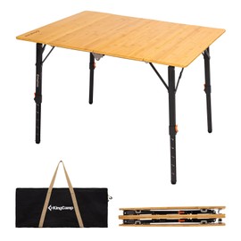 KingCamp Bamboo Folding Table 4-Fold Portable Camping Table with Visual Adjustable Height Aluminum Legs,Outdoor Lightweight Camp Tables with Carry Bag for Picnic, Party, Beach, Indoor, 4-6 People