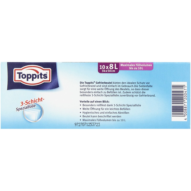 Toppits Freezer Bags (Pack of 8 Litres, Stand Base, Clear