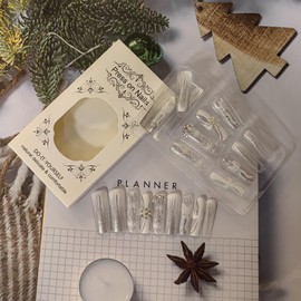 Long Coffin Press on Nails Winter Fake Nails with Designs Glossy Bow False Nails Snowflake White Nails Press on Acrylic Nails Glitter Square Glue on Nails Rhinestone Christmas Stick on Nails for Women