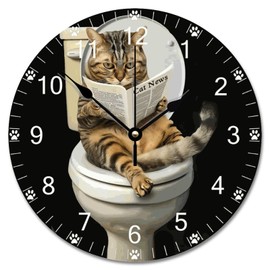 godblessign Cat On The Toilet with Newspaper Clock Funny Cat 12 Inch Wooden Wall Clocks Battery Operated Silent Farmhouse Men Cave Living Room Decor Gift for Man Woman Friend Anniversary