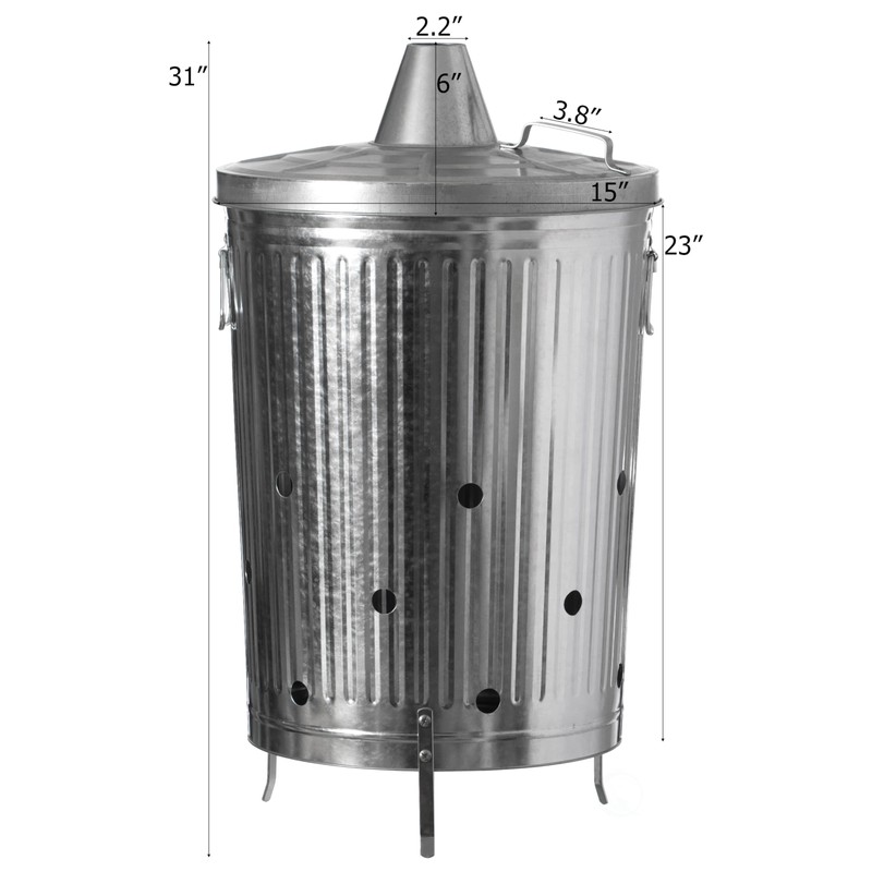 Gardenised 20-Gallon Galvanized Steel Incinerator Can with Lid & Vent