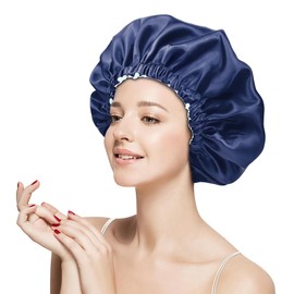 RAORAOYUE Satin Bonnets for Women, Shower Caps for Sleeping Curly Hair Bonnet with Elastic, Sleeping Bonnets for Women Large Double-Layer, Navy