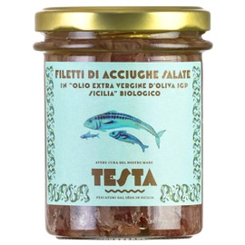 Sicilian Anchovy Fillets in Extra Virgin Olive Oil - Testa Conserve, Sicily, Italy - in a glass jar of 7oz