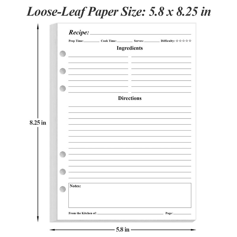 Blank Recipe Paper for A5 Binder - 6 Hole Recipe