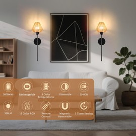 Ovyiech Battery Operated Wall Sconces Set of 2, Rattan Rechargeable Wall Light Dimmable with Remote Control, 15 Color Changing and Timer, 24" Boho Black Gold Wall Lamps for Bedroom,Living Room
