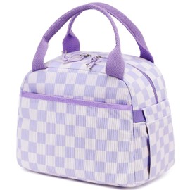 LEDAOU Insulated Lunch Box Women Reusable Lunch Bag Cord Lunch Tote Handbags Leakproof Thermal Cooler Lunch Case Large Capacity (Purple-White Grid)