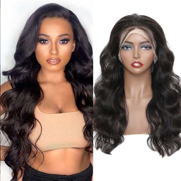 13 x 4 Lace Front Real Hair Wigs, Body Wave Real Hair Wigs for Women, 180% Density, Free Part Wig, Natural Black Wig with Baby Hair (55 cm, Black)