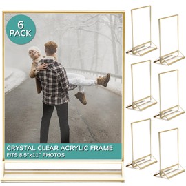 PBF 8.5x11 Acrylic Picture Frame Display Stand | Vertical Clear Sign Holder | Gold Photo Frame for Table, Tabletop Wedding, Menu, QR Code (6-Pack)