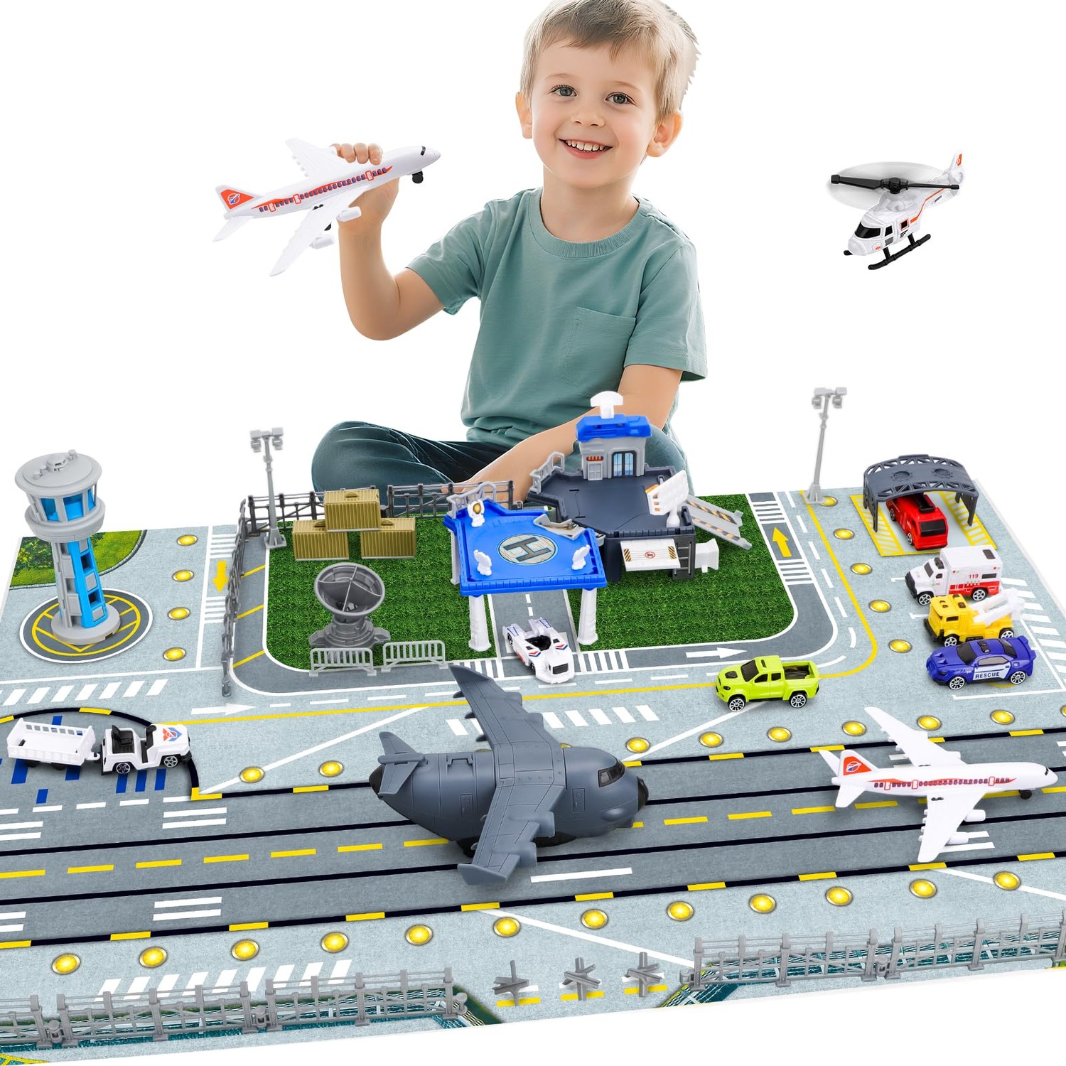 deAO Kids Airport Playset, Buildable Airport with Aeroplane Helicopter ...