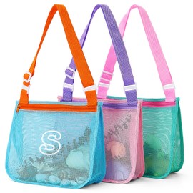 3Pcs Alphabet Printed Seashell Bags, Lightweight & Foldable Kids Beach Toy Mesh Bags with Adjustable Straps, Portable for Pool and Beach Essentials-S