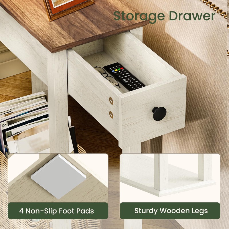 CHOEZON Farmhouse End Table, 2-Tier Narrow Side Table with Drawer,