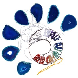 KYEYGWO Healing 7 Chakras Tree of Life Hanging Ornament, Blue Agate Slices, Hanging Handmade Gemstone Wind Chime, Stone, Dream Catcher, Crystal Hanging Decoration for Home, Office, Wedding