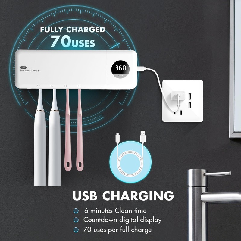 Auntyfey Sanitizeri Toothbrush Holder, Sanitizeri Toothbrush Cleaner, 2000mAh Rechargeable Cordless