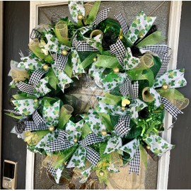 XL Fun Green Bling St. Patrick's Day Deco Mesh Front Door Wreath, Shamrocks Clover, Porch Patio Yard Art Decor, Wall Decoration, Indoor Outdoor