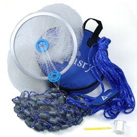 Drasry Saltwater Fishing Cast Net with Aluminum Frisbee for Bait Trap Fish Throw Net. Size 4FT/5FT/6FT/7FT Radius Freshwater Casting Nets (Gray Sinkers 3/8 Monofilament, 6FT / 180cm Radius