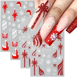 Christmas Nail Stickers Decals for Women Girls, 4 Sheets with 100+ 3D Matte Red Ribbon, Gift Bow, Santa Hat & Snowflake Designs - Self-Adhesive Holiday Nail Art for Festive Manicures