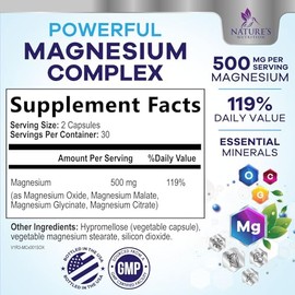 Nature's Nutrition Suplemento de complejo de magnesio 500 mg - 5 en 1 de alta absorción con glicinato, malato, citrato, óxido y aquamina de magnesio q