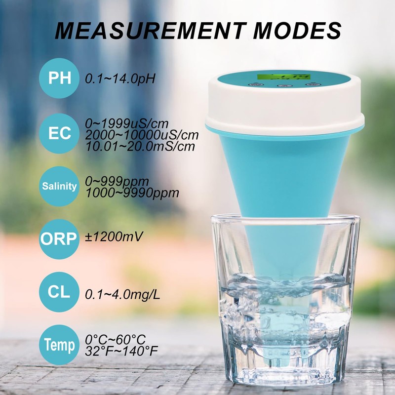 6-in-1 Bluetooth Swimming Pool Water Tester EC/Salinity/pH/ORP/Temperature/Chlorine Meter Wireless Floating