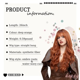 Ginger Wig with Bangs Auburn Wigs for Women Orange Hair Wig Ombre Wig Synthetic 26Inch Long Curly Wig Womens Wig Realistic Wavy Wig Hair Replacement Wigs for White Women Cosplay Wigs for Daily Party