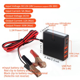 DC Converter with Battery Clip, 12V 24V to 5V 12A USB Converter Buck Regulator, Total Output 60W, with LED Emergency Light