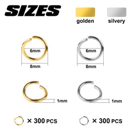 600Pcs 8mm Open Jump Rings Stainless Steel,Keychain Rings for Earring Necklace Bracelet DIY Craft Jewelry Making Findings (Silver & Gold)
