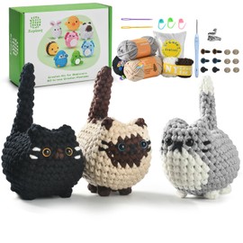TranquilHome Heckel Set, Crochet for Beginners, Crochet Set Animals, Crochet Set for Beginners, Animals, Step-by-step Video Explanation, Amigurumi Beginners Three Cute Crochet Cats